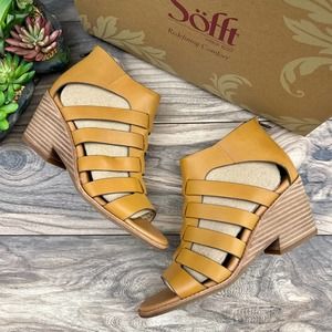 NIB Sofft Sunny 9M 40 Gladiator Caged Wedge Leather Sandals Luggage Tan